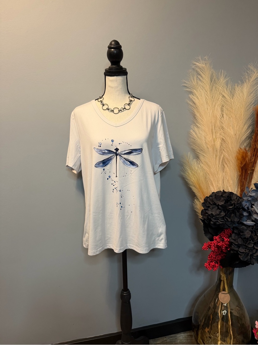 Women's White V-Neck Dragonfly Graphic Tee